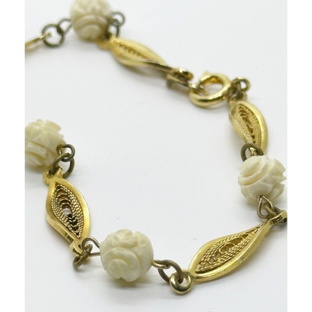 Vintage Gold Tone Filigree And Carved Rose Dainty Bracelet
